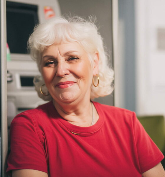 Umirovljenica stoji kraj bankomata. Zadovoljna je porastom mirovine nakon što je ukinut porez na dohodak na mirovine.