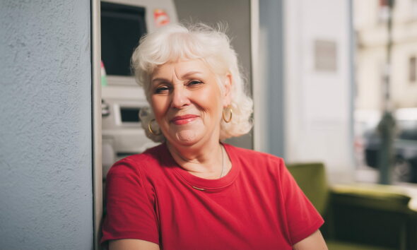 Umirovljenica stoji kraj bankomata. Zadovoljna je porastom mirovine nakon što je ukinut porez na dohodak na mirovine.