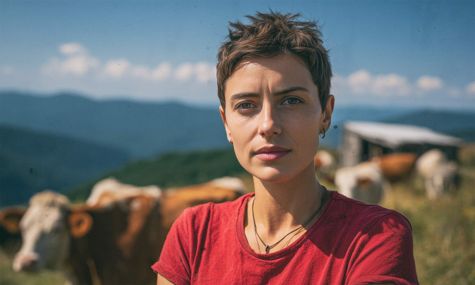 Mlada žena čuva krave na ispaši.