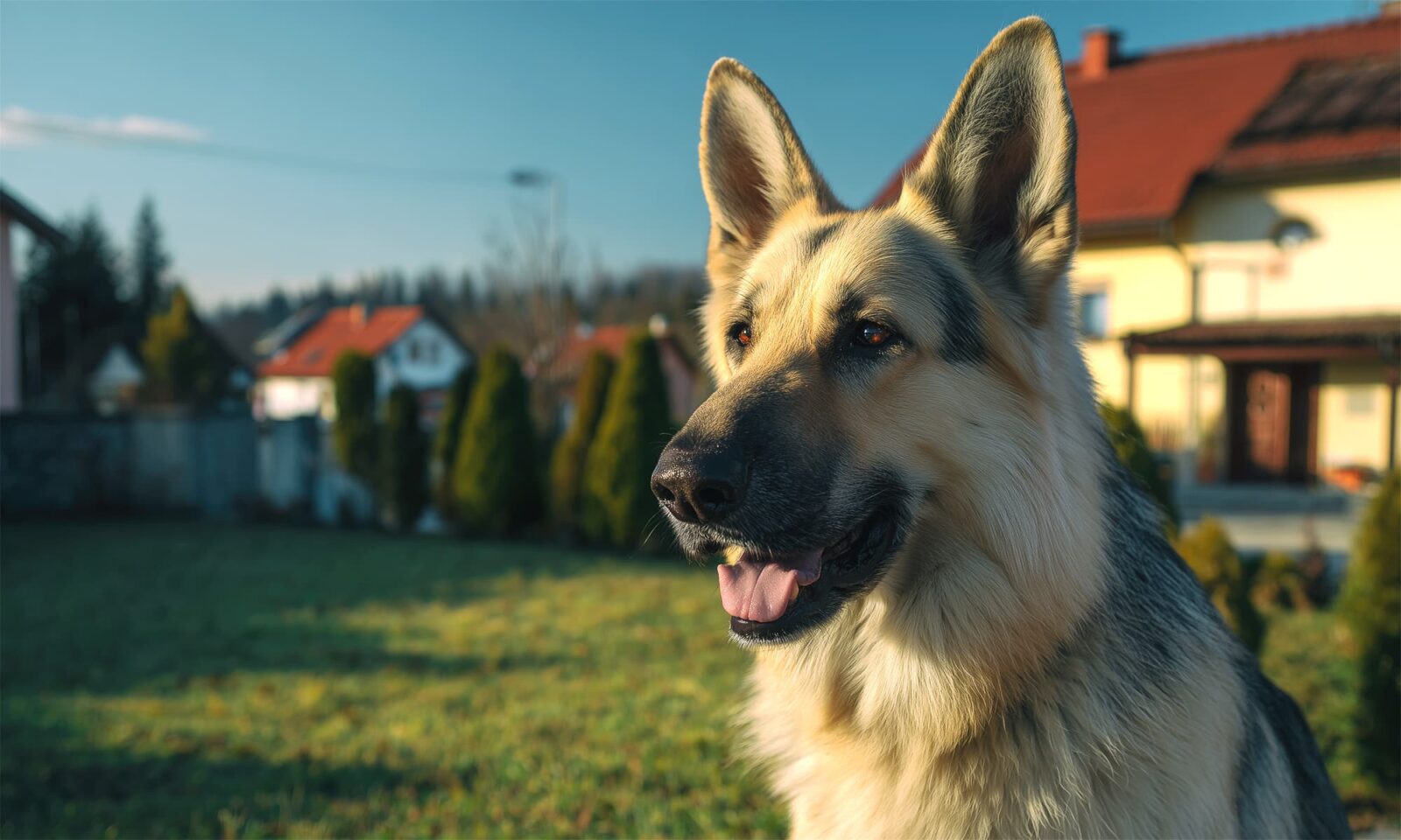 Njemački ovčar čuva dvorište i kuću.