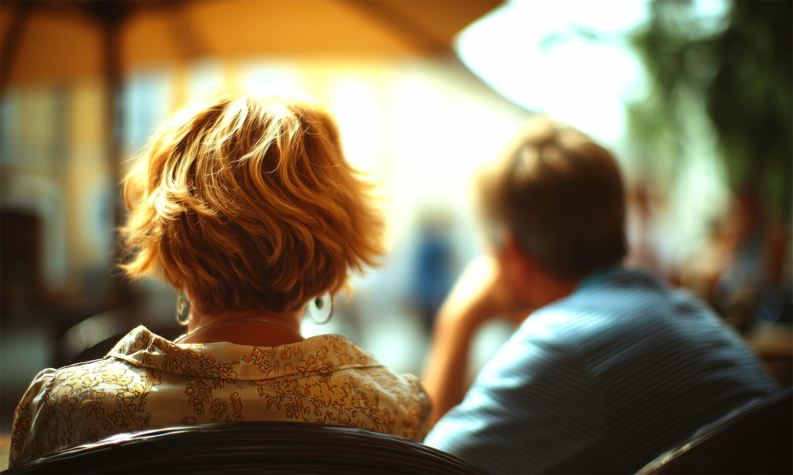 Žena srednjih godina i mladić sjede na terasi kafića u Karlovcu, fotografirani s leđa u opuštenoj atmosferi.