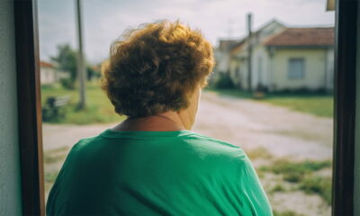 Žena stoji na vratima kuće u bjelovarskoj okolici, gleda u seosku cestu. Na sebi ima zelenu majicu.