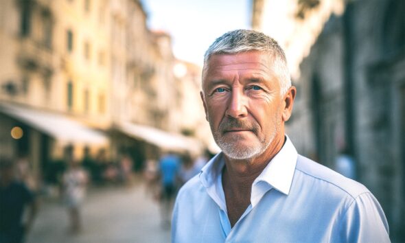 Muškarac u plavoj košulji stoji na riječkom Korzu.