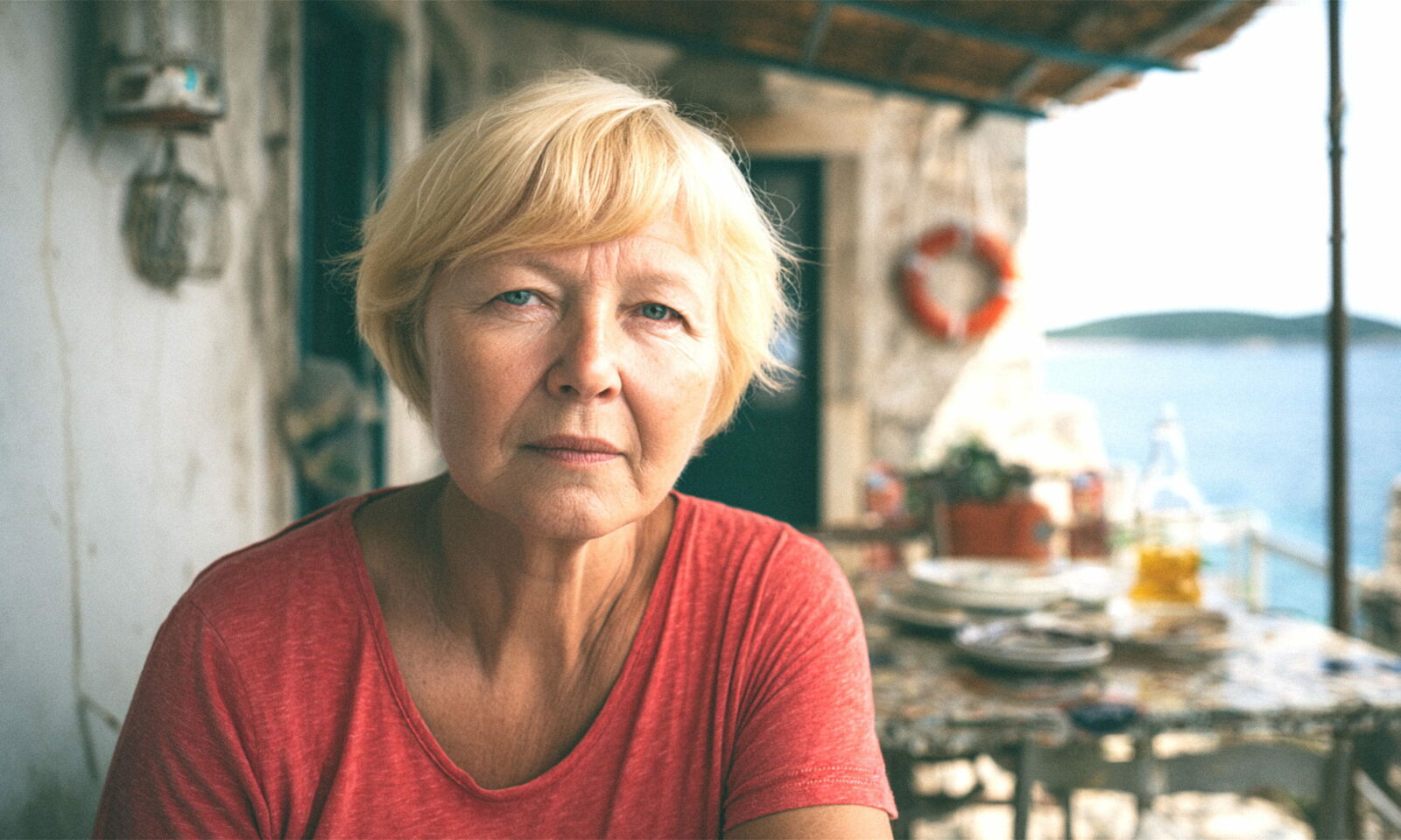 Žena sjedi na terasi obiteljske kuće nedaleko mora.