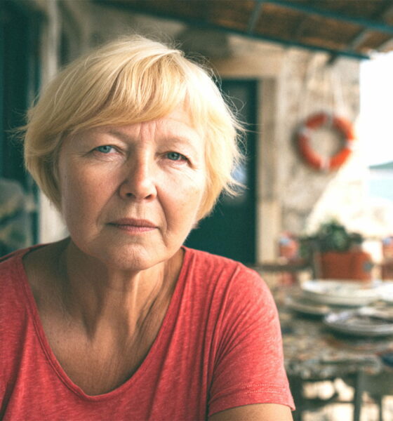 Žena sjedi na terasi obiteljske kuće nedaleko mora.