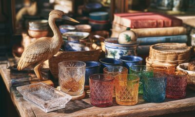 Čaše, peparirana čaplja i knjige u staretinarnici.