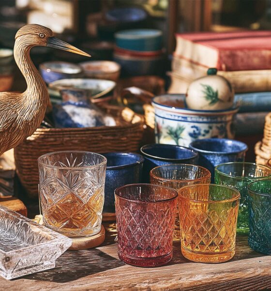 Čaše, peparirana čaplja i knjige u staretinarnici.