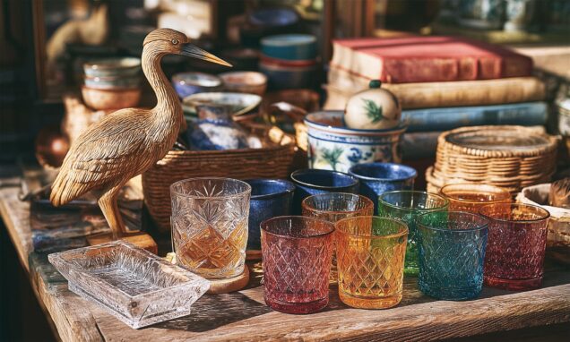 Čaše, peparirana čaplja i knjige u staretinarnici.