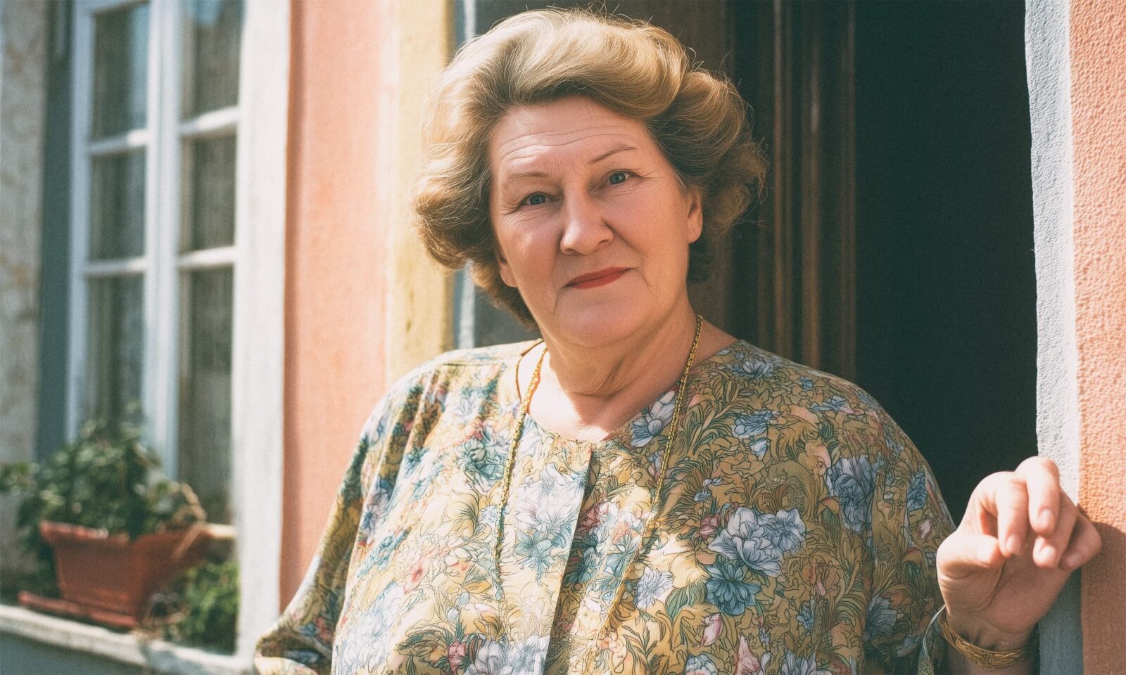 Starija žena sa staromodnom frizurom stoji na vratima obiteljske kuće.