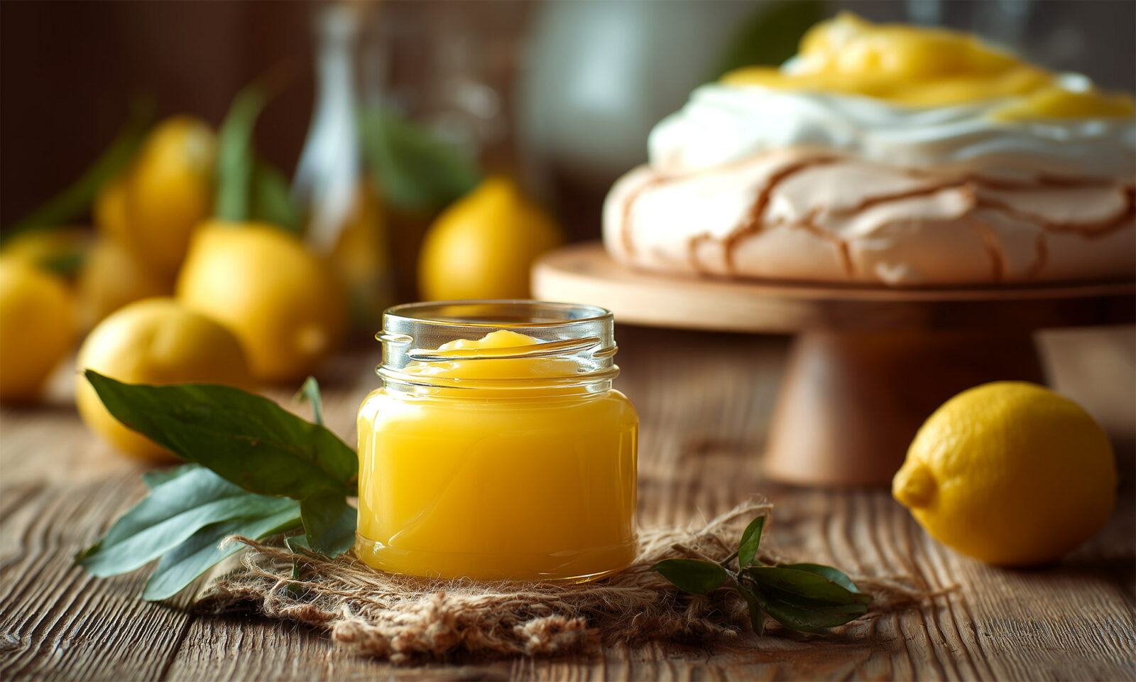 Staklenka lemon curda ili kreme od limuna na drvenom srustikalnom stolu, iza nje u pozadini Pavlova i nekoliko svježih limuna.