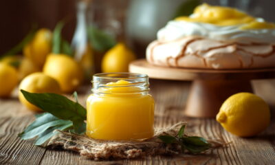 Staklenka lemon curda ili kreme od limuna na drvenom srustikalnom stolu, iza nje u pozadini Pavlova i nekoliko svježih limuna.