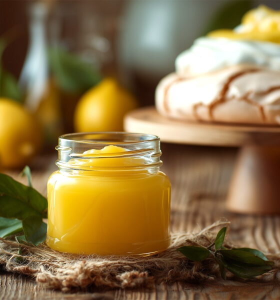 Staklenka lemon curda ili kreme od limuna na drvenom srustikalnom stolu, iza nje u pozadini Pavlova i nekoliko svježih limuna.