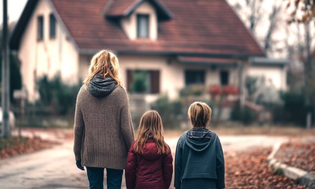 Majka s dvoje djece stoji na ulici i gleda u obiteljsku kuću u sumorno jesenje jutro.