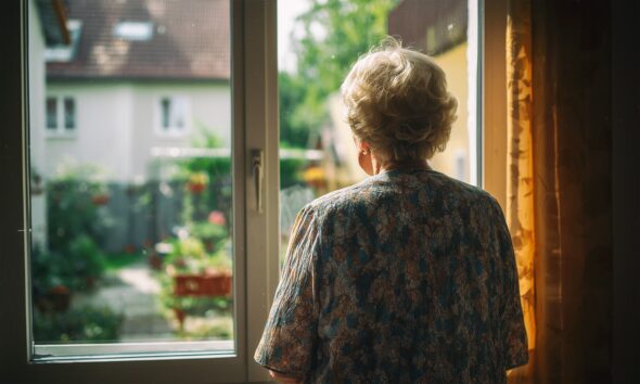 Starija žena gleda kroz prozor obiteljske kuće.