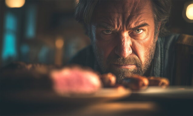 Bijesan muškarac za stolom s kobasicama i T-bone odreskom, simbol unutarnjeg sukoba mesojeda prema vegetarijanstvu.