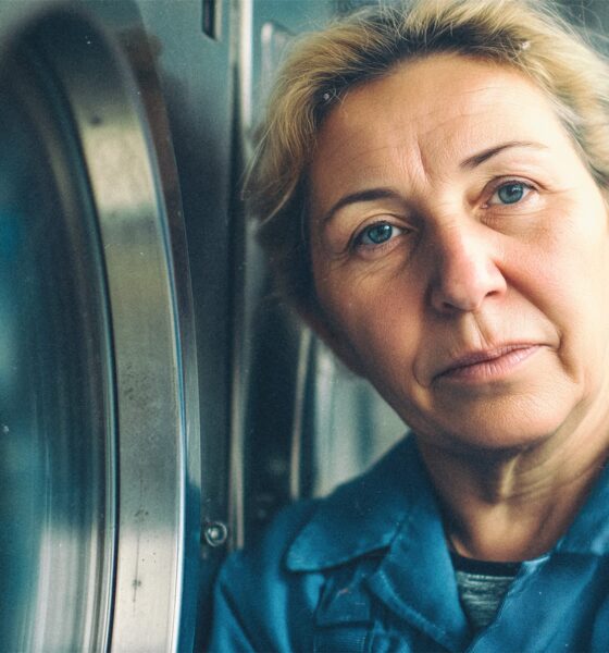 Žena u kasnim pedesetima stoji uz veliki industrijski stroj za pranje rublja u tvornici, pod fluorescentnim svjetlom. Na licu joj se vidi umor, ruke su grube od rada, a izraz dostojanstven. Dokumentaristička fotografija dobro osvijetljenog radnog prostora.