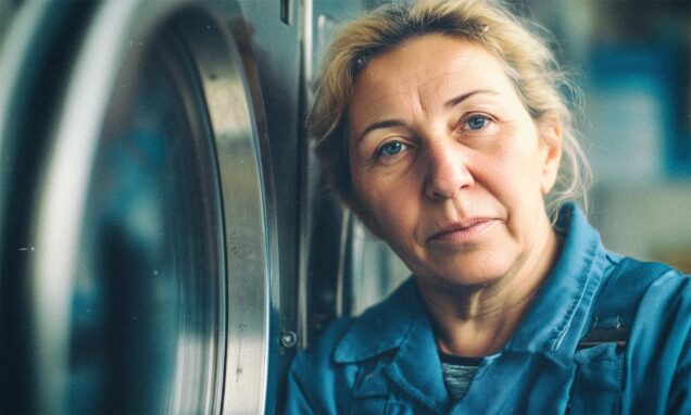 Žena u kasnim pedesetima stoji uz veliki industrijski stroj za pranje rublja u tvornici, pod fluorescentnim svjetlom. Na licu joj se vidi umor, ruke su grube od rada, a izraz dostojanstven. Dokumentaristička fotografija dobro osvijetljenog radnog prostora.