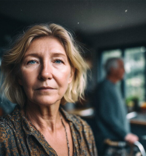 žena u kuhinji, iza nje prolazi muškarac s hodlaicom.