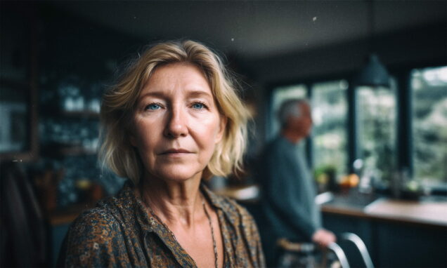 žena u kuhinji, iza nje prolazi muškarac s hodlaicom.