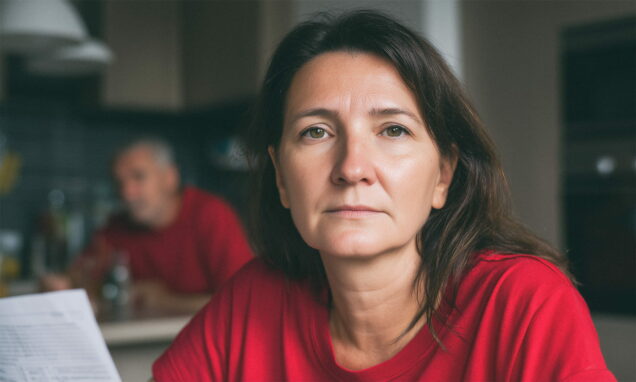 Žena u crvenoj majici sjedi u kuhinji i proučava dokumente o mirovini.