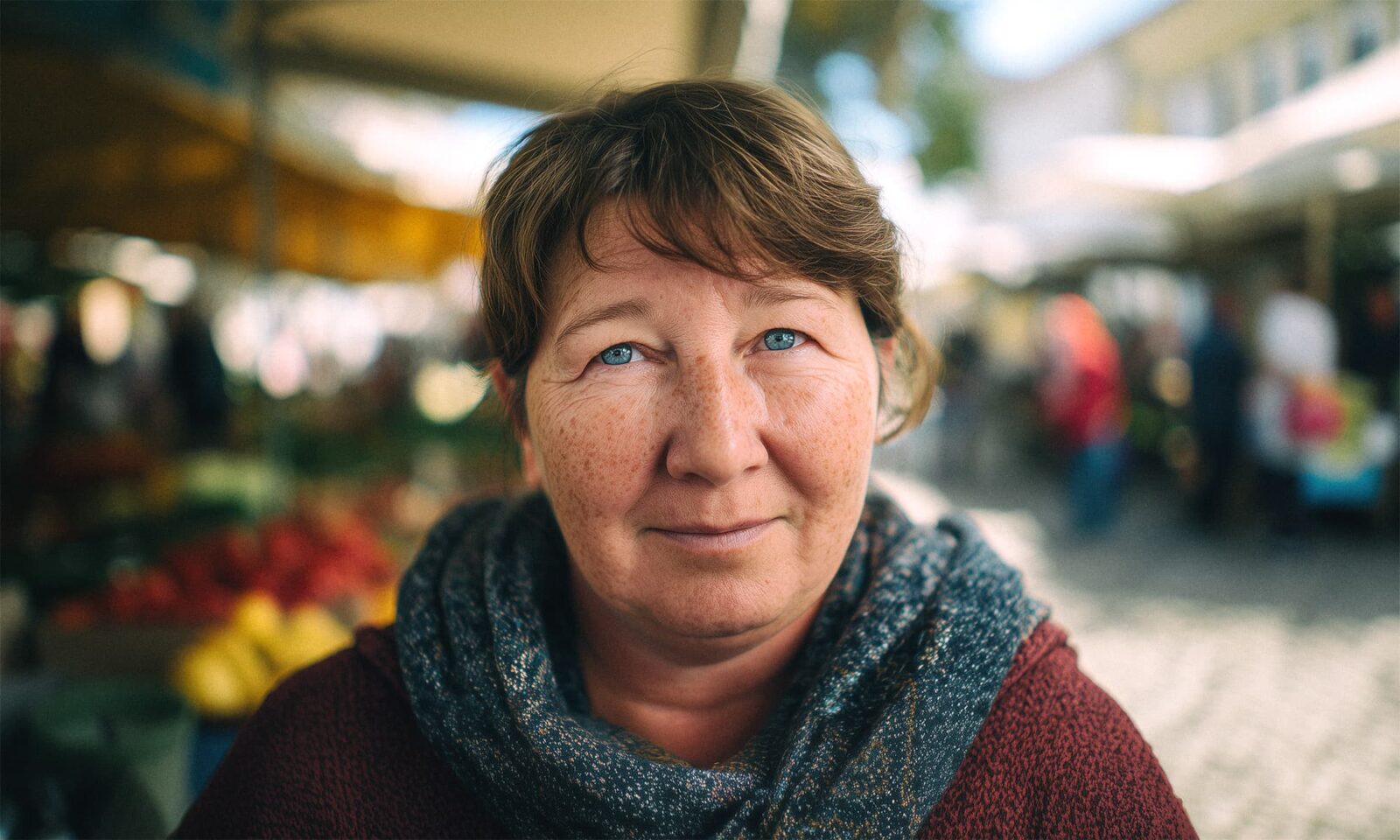 žena s plavim očima stoji na zagrebačkoj tržnici.