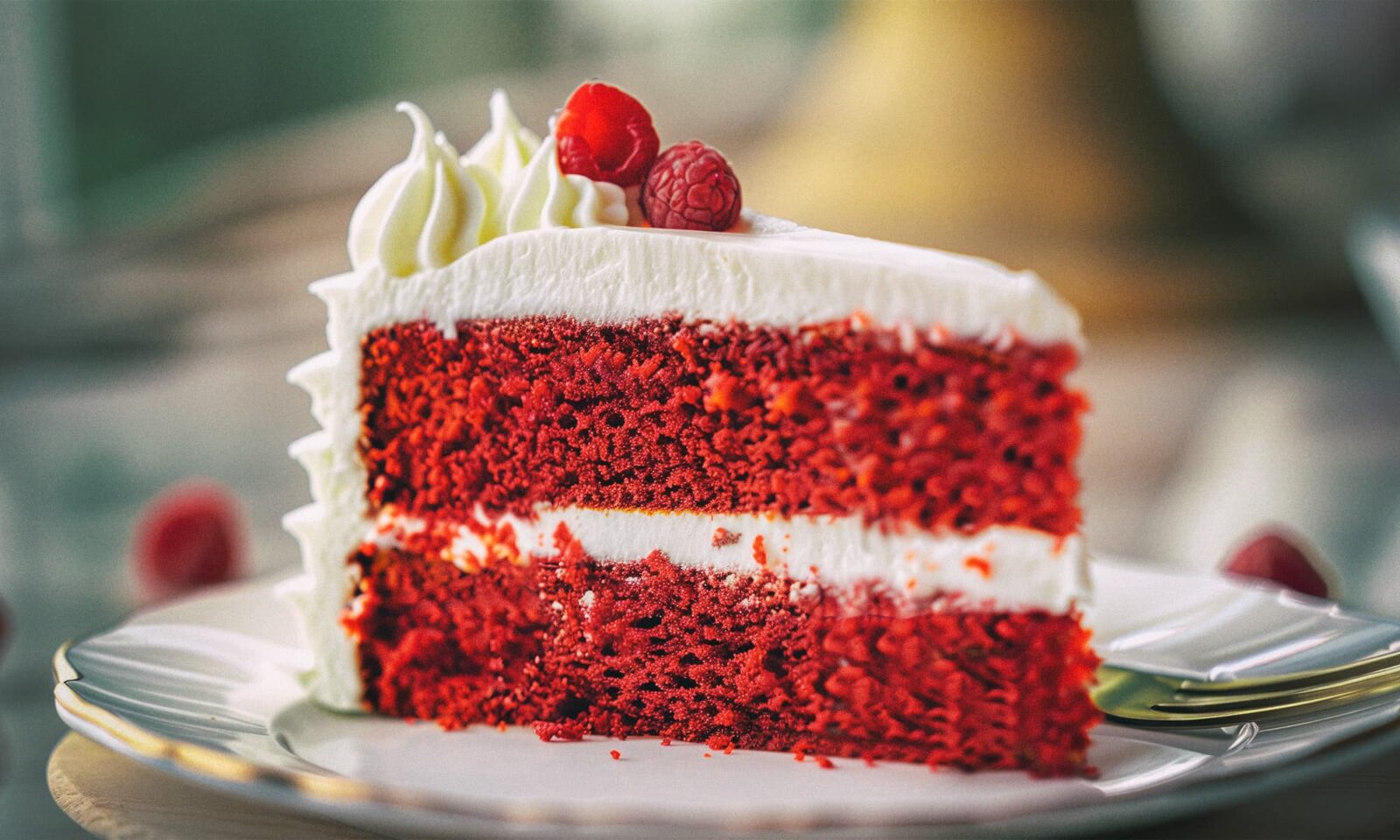 Kriška torte red velvet na bijelom tanjuru ukrašena šlagom i malinama.