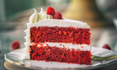 Kriška torte red velvet na bijelom tanjuru ukrašena šlagom i malinama.
