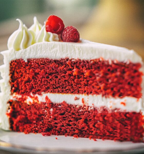 Kriška torte red velvet na bijelom tanjuru ukrašena šlagom i malinama.