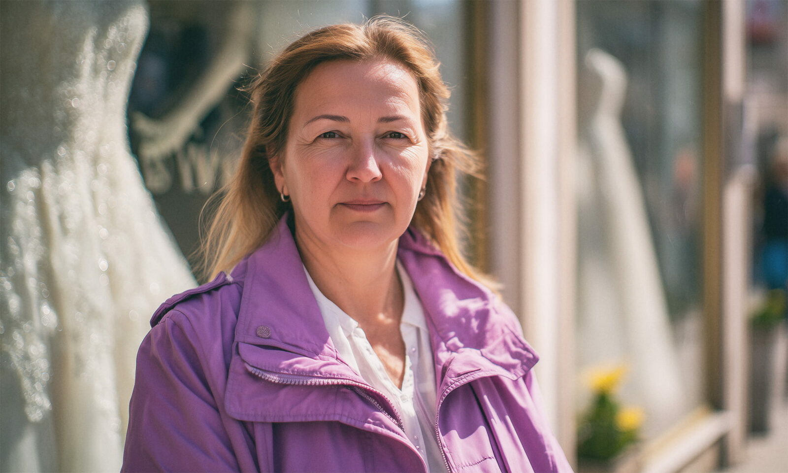 žena u jakni boje jorgovana stoji pred izlogom s vjenčanicama u gradskom središtu Karlovca.