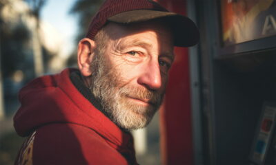 Muškarac u crvenoj duksi stoji pred bankomatom u Zagrebu.