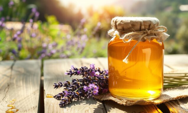 Tegla meda na drvenom stolu ukrašenom lavandom.