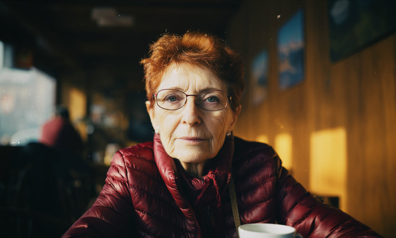 Žena crvene kose sjedi za stolom u pivnici i gleda u kameru.