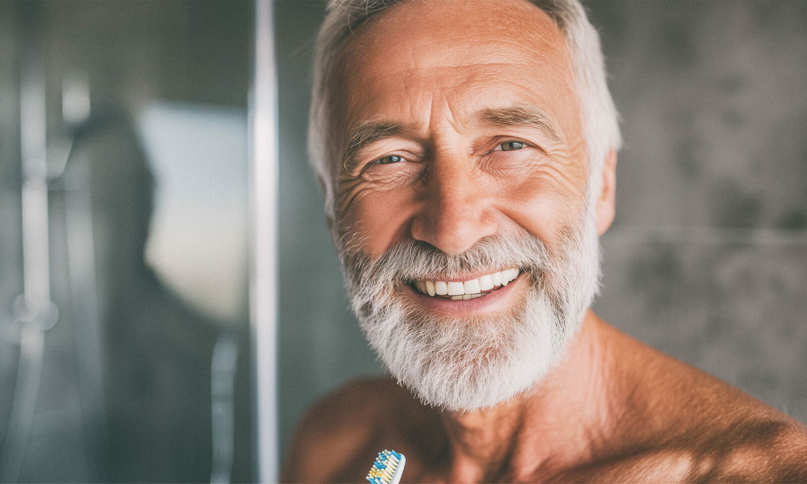 Stariji muškarac s lijepim osmijehom u kupaonici.