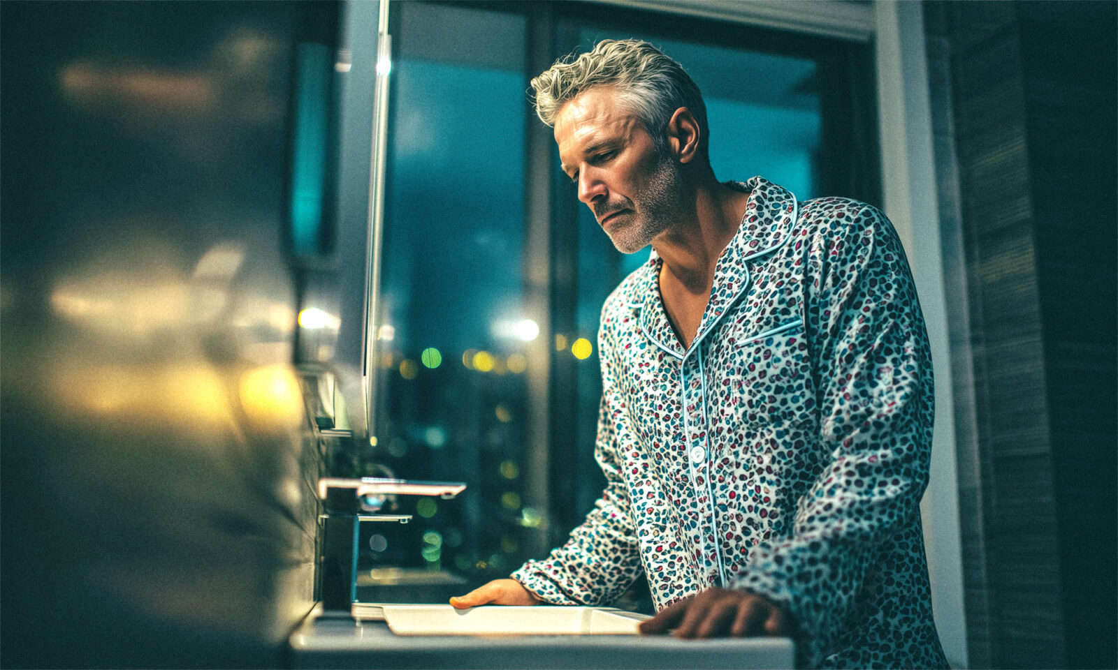 Muškarac naslonjen na umivaonik u kupaonici.