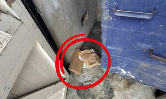 Amazonov paket dostavljen kraj kontejnera za smeće.