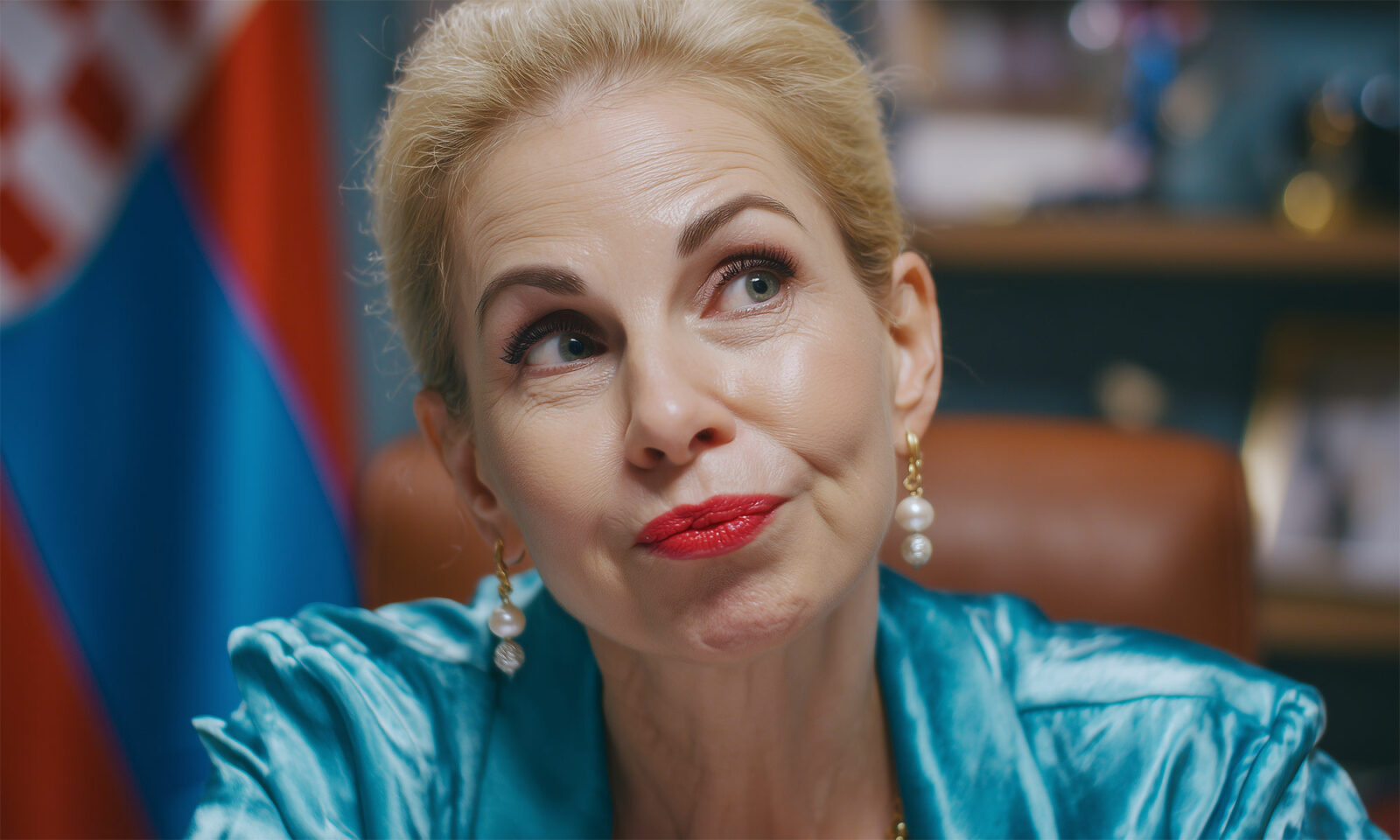 Žena plave kose i crvenog ruža sjedi za stolom ispred hrvatske zastave, odjevena u tirkiznu satensku bluzu i s bisernim naušnicama, s koketnim izrazom lica.
