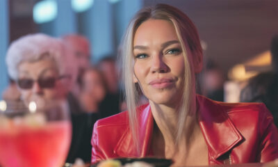 Žena u crvenoj jakni sjedi u restoranu i gleda u kameru.