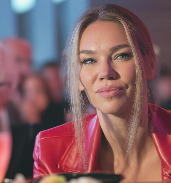 Žena u crvenoj jakni sjedi u restoranu i gleda u kameru.