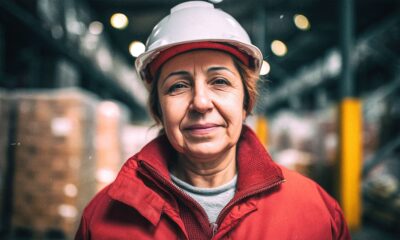 Radnica u skladištu u crvenoj kuti.