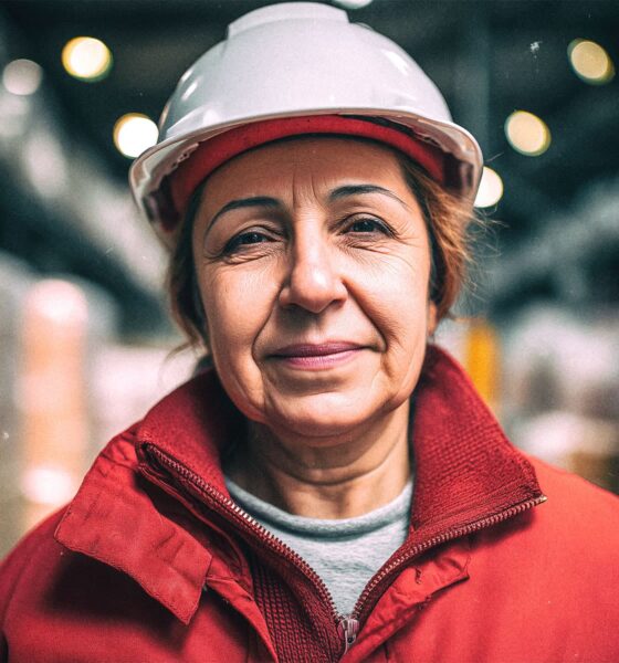 Radnica u skladištu u crvenoj kuti.