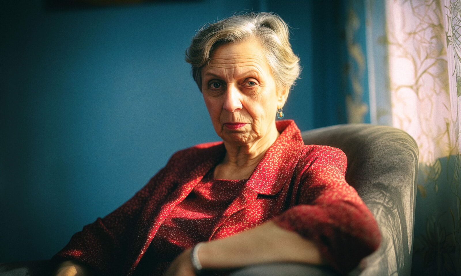 Starija žena u crvenom sjedi u naslonjaču.