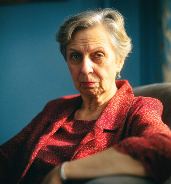 Starija žena u crvenom sjedi u naslonjaču.