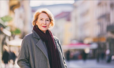 Elegantna žena stoji na ulici u Zagrebu.