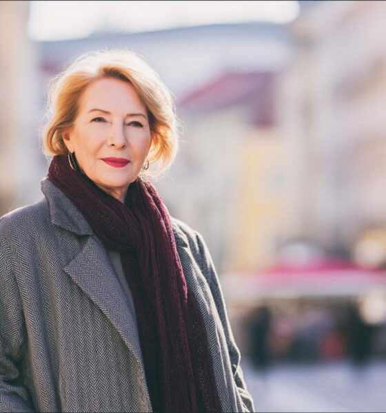 Elegantna žena stoji na ulici u Zagrebu.