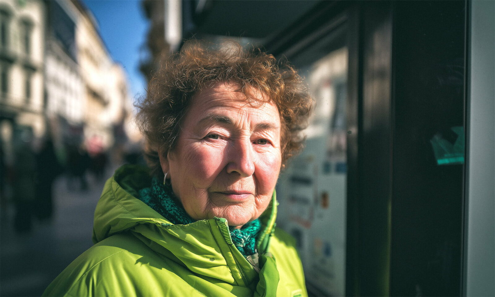 Žena u zelenom na ulici u Zagrebu.