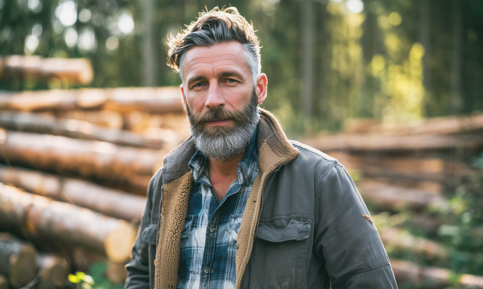 Šumski radnik stoji ispred hrpe trupaca u šumi.