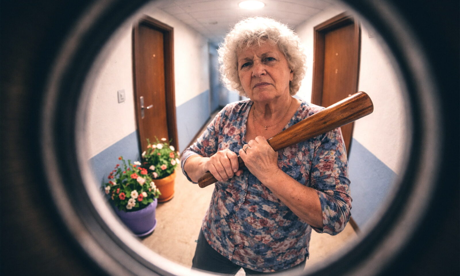 Žena s bejzbolskom palicom pred vratima.