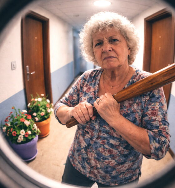 Žena s bejzbolskom palicom pred vratima.