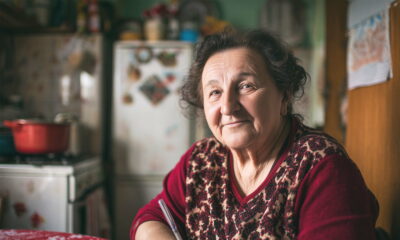 Starija žena za kuhinjskim stolom piše i računa.