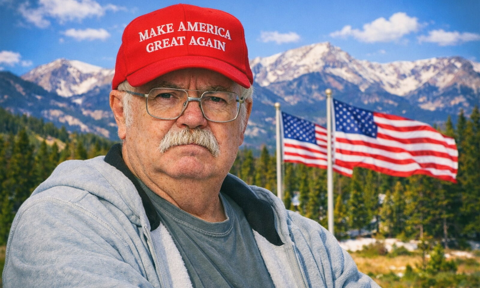 Muškarac s MAGA kapom ispred stjenjaka u Koloradu)